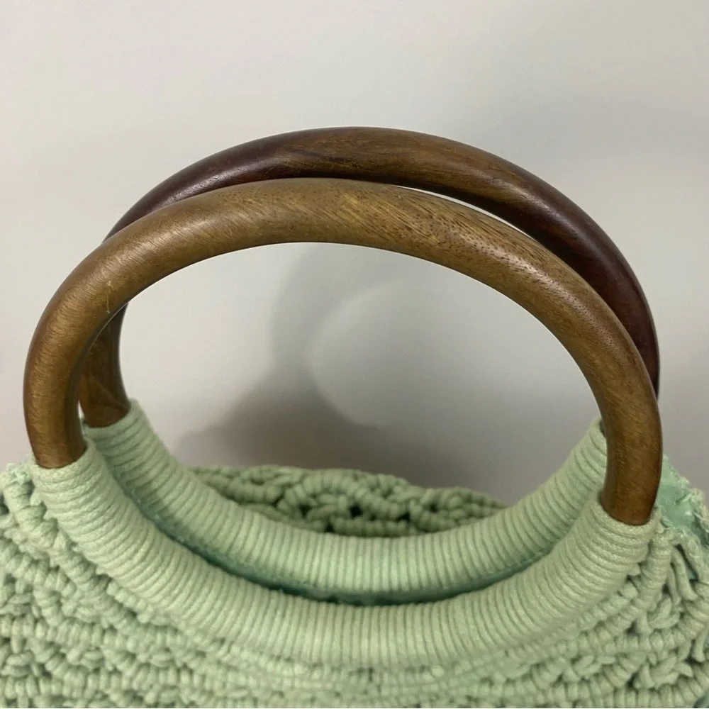 Sigrid Olsen Sage Green Woven Handbag with Wooden Handles Cottage Core Boho